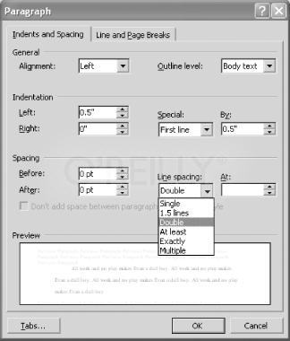 Figure 2-11: Word's Paragraph dialog, corresponding to properties inside the w:pPr element