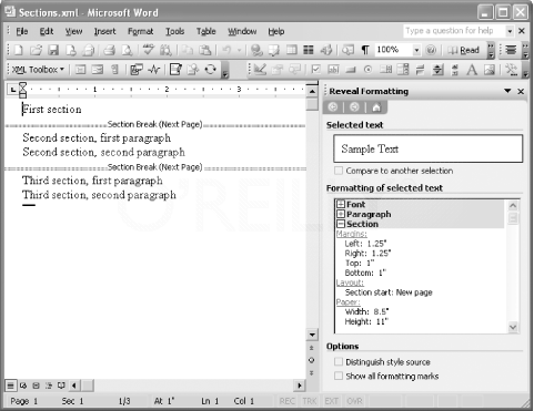 Figure 2-20: Three sections separated by Next Page section breaks