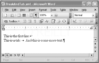 Figure 2-7: A text-wrapping break and a tab inside a single paragraph