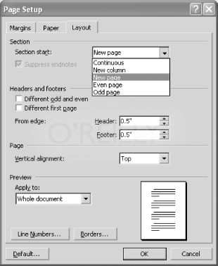 Figure 2-19: The Page Setup dialog for section settings