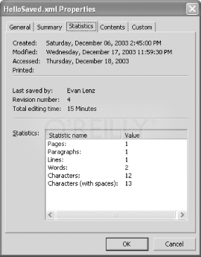 Figure 2-3: The Statistics tab of the Properties dialog, corresponding to values inside the o:DocumentProperties element