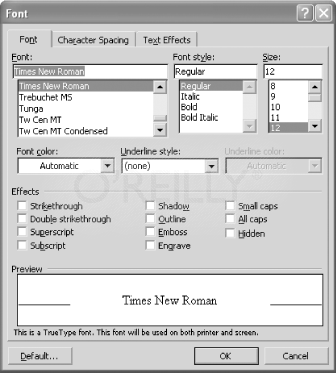 Figure 2-8: Word's font settings which correspond to run properties